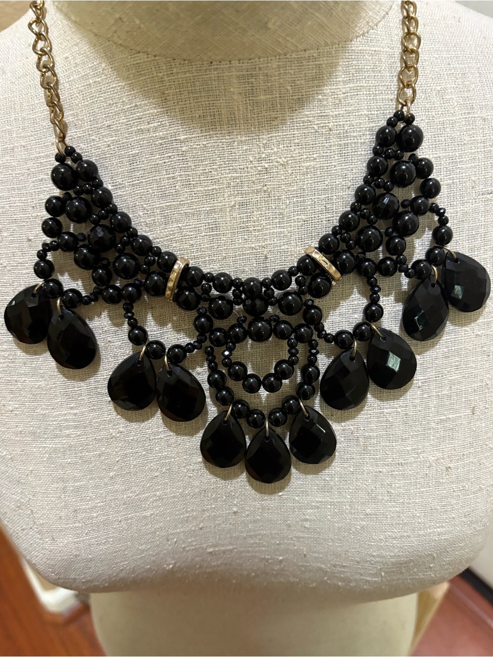 Black Statement Bib Necklace Faceted Teardrop Gothic Glam Boho Collar